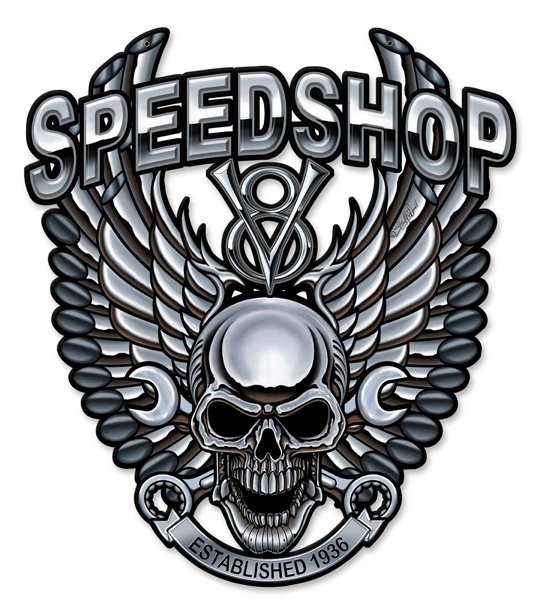 Sm586 14 X 16 In. Speedshop Wrench Pipe Skull Plasma Metal Sign