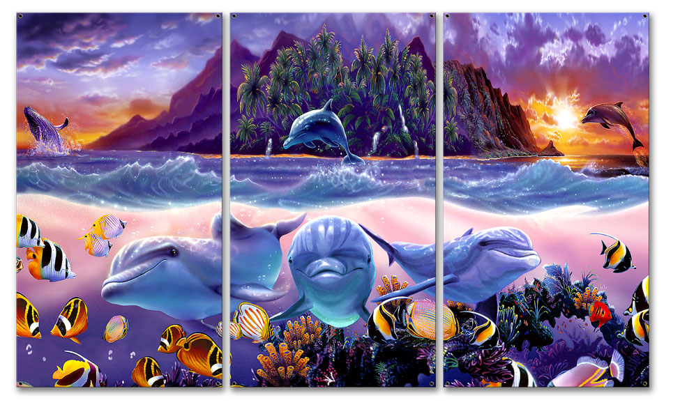 Sun053 30 X 18 In. Tropic Dolphins Triptych Metal Sign