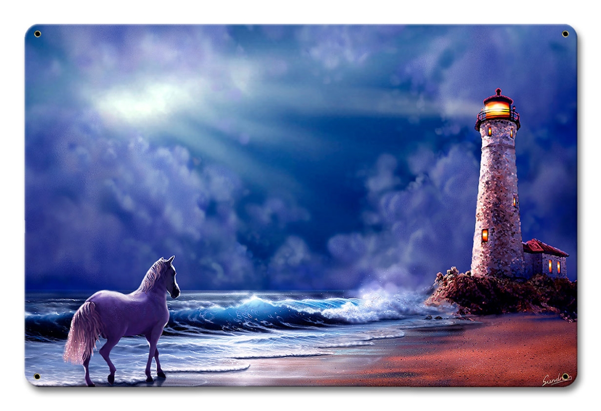 12 X 18 In. Lighthouse Storm Satin Metal Sign
