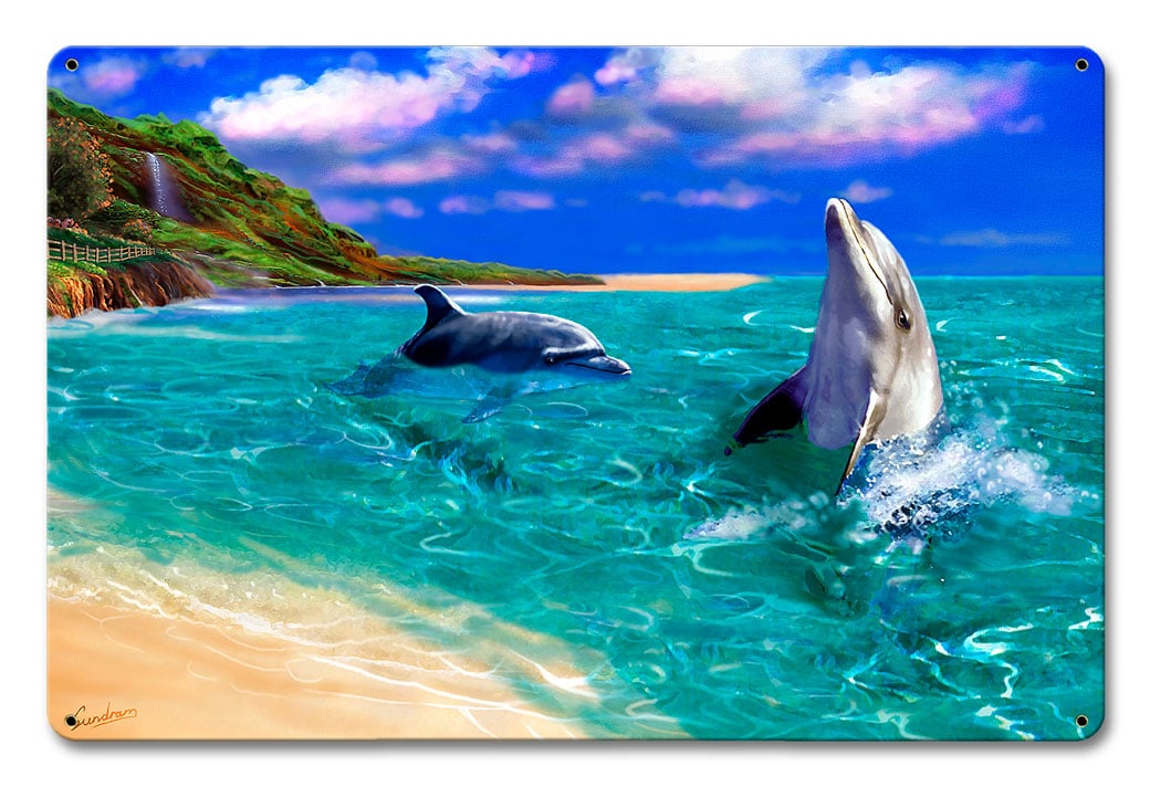 Sun070 12 X 18 In. Smiling Dolphin Satin Metal Sign