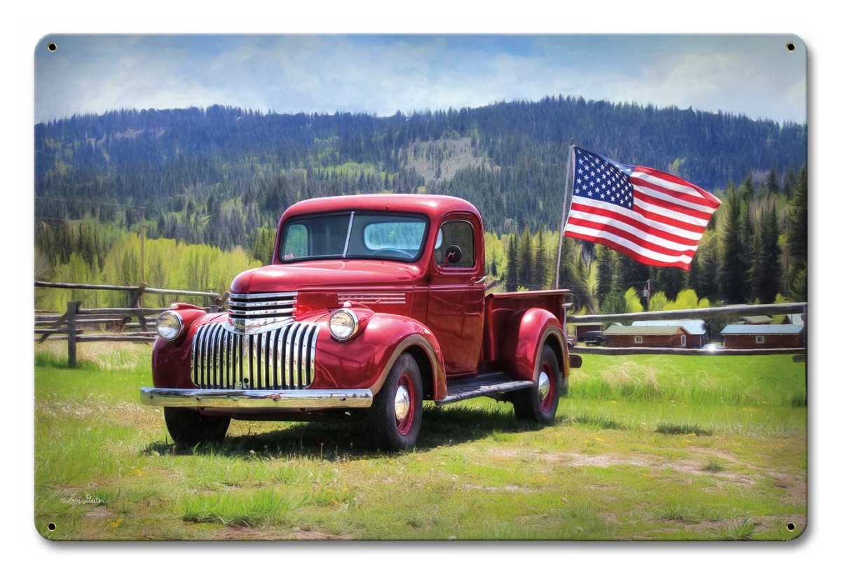 Lane213 18 X 12 In. Red Truck American Flag Satin Metal Sign