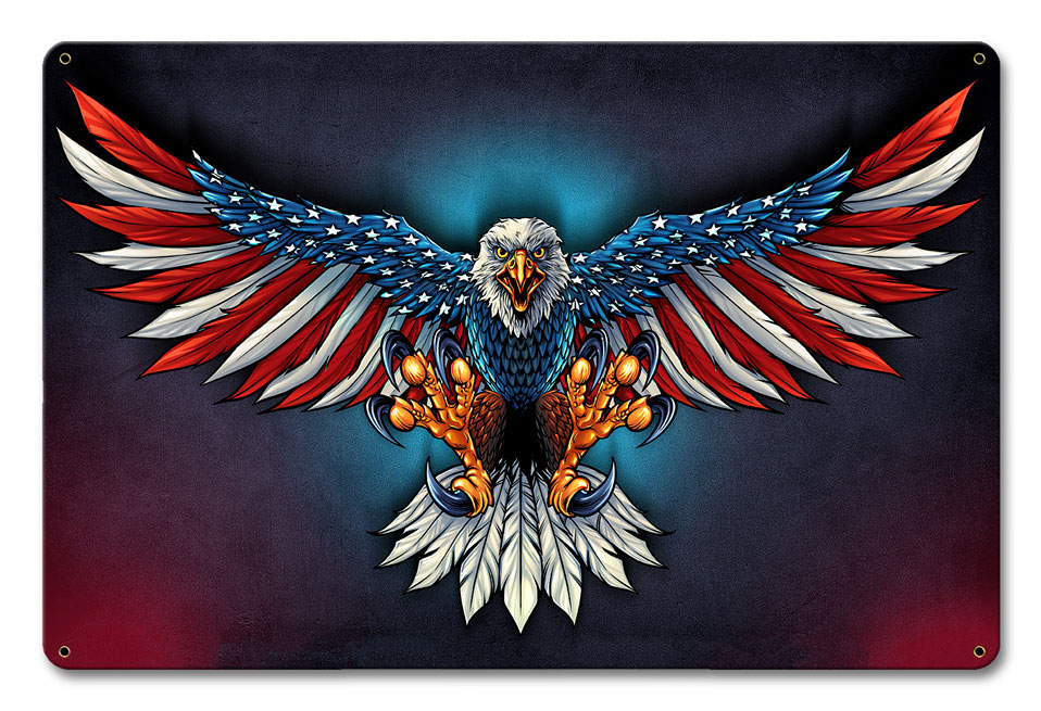 Fly043 12 X 18 In. Eagle With Us Flag Wings Satin Metal Sign