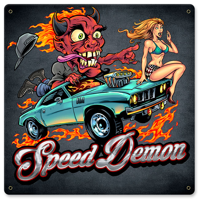 Fly051 12 X 12 In. Speed Demon Flaming Hot Rod Satin Metal Sign