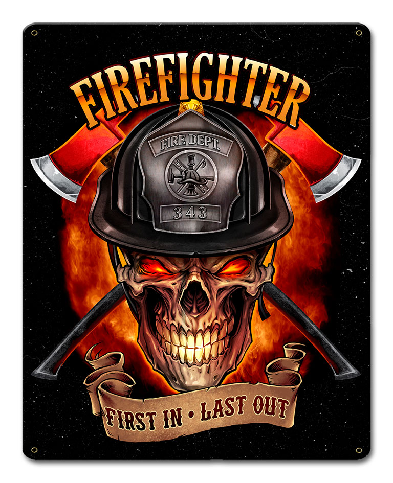 Fly063 12 X 15 In. Fire Fighter Skull First In Last Out Satin Metal Sign