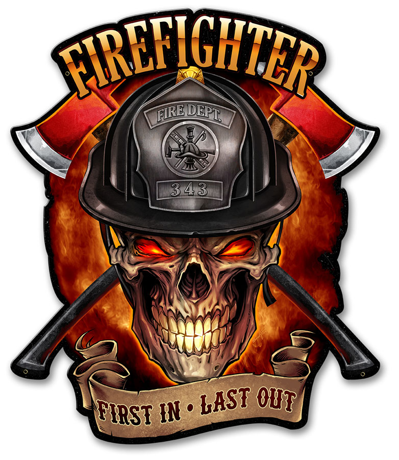 Fly064 17 X 14 In. Fire Fighter Skull First In Last Out Plasma Metal Sign
