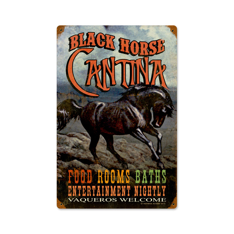 Hadm009-wf 12 X 18 In. Black Horse Cantina Vintage Metal Sign With Wood Frame