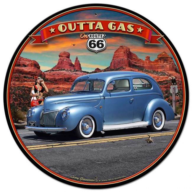 28 X 28 In. Larry Grossman 1939 Rod Sedan Route 66 Round Sign