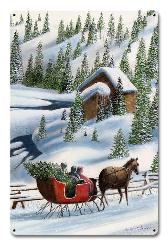 12 X 18 In. Sleigh & Pine Trees Satin Metal Sign