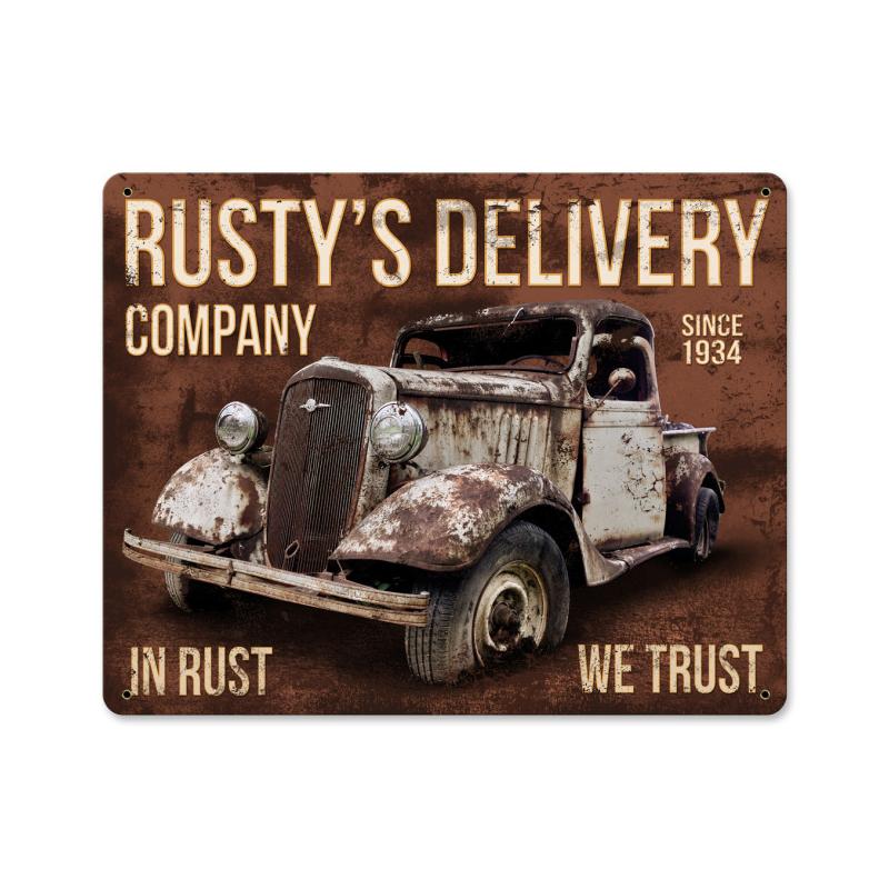 Aif140 Rustys Delivery Co. In Rust We Trust Metal Sign