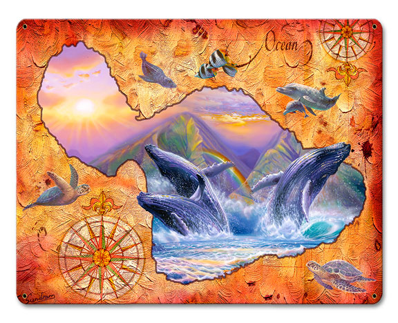 Sun039 15 X 12 In. Whale Play Maui Map Satin Metal Sign