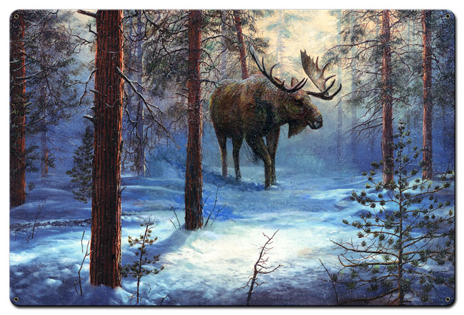 Jh224 24 X 36 In. Moose In The Winter Satin Metal Sign