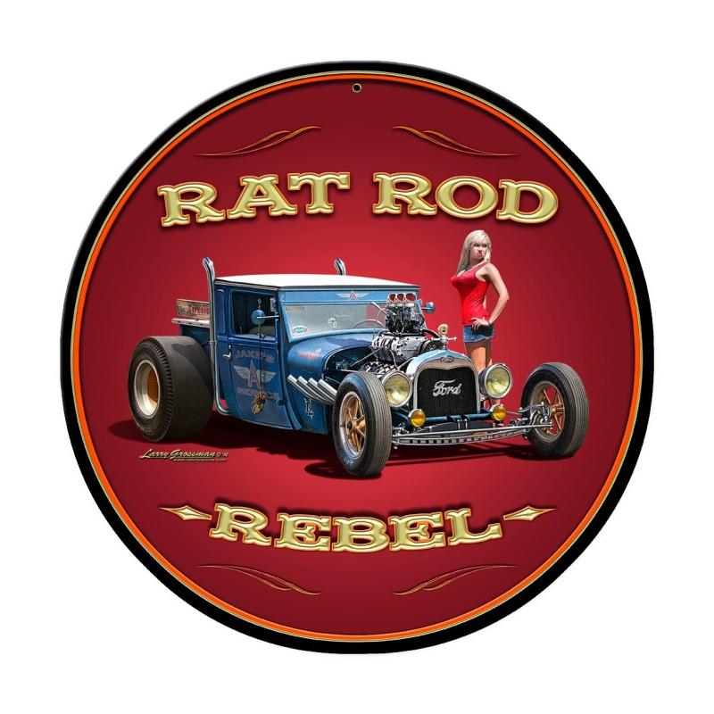Lg461 Rat Rod Rebel Round Metal Sign