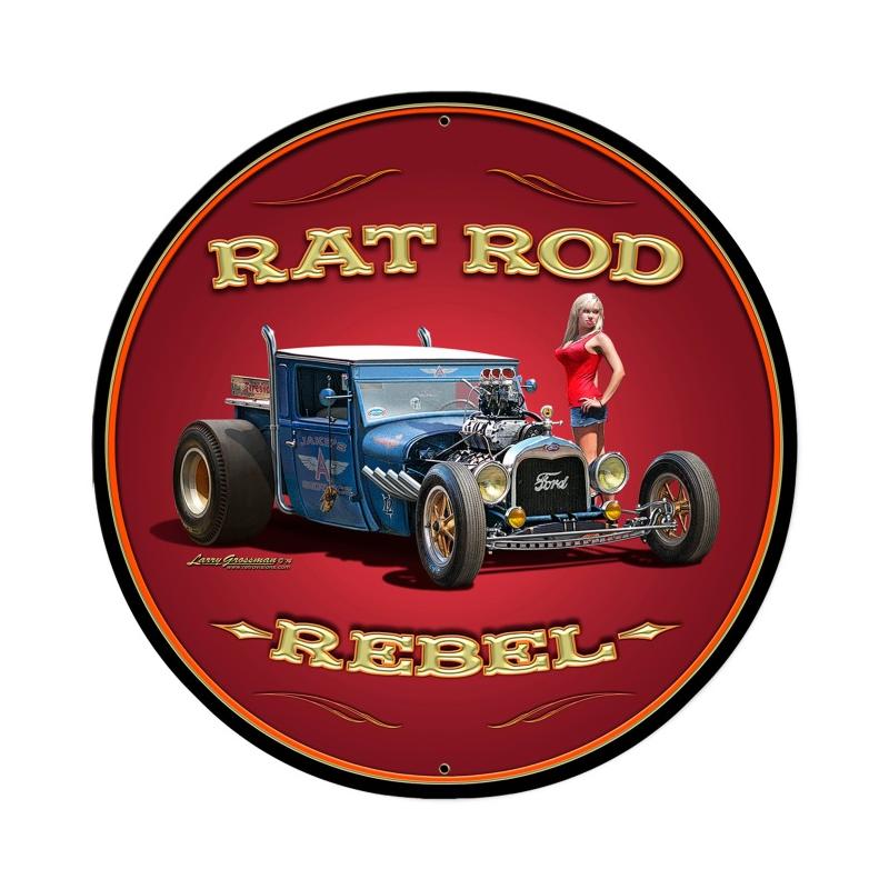 Lg462 Rat Rod Rebel Round Metal Sign
