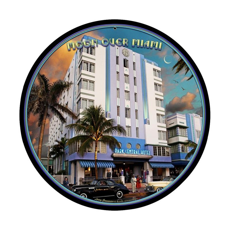 Lg564 Moon Over Miami Round Metal Sign