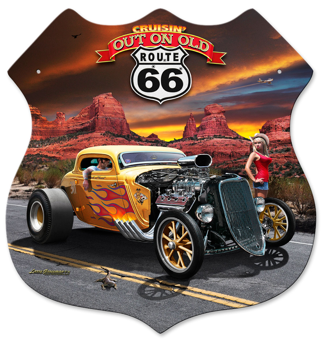 Lg709 15 X 16 In. Out On Route 66 Shield Metal Sign