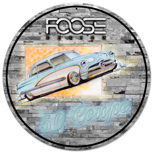 Cfos024 14 In. Foose 50 Ford Coupe Blue & White Round Metal Sign