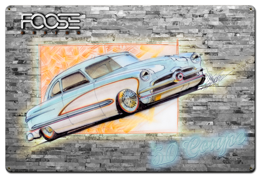 Cfos026 36 X 24 In. Foose 50 Ford Coupe Blue & White Satin Metal Sign