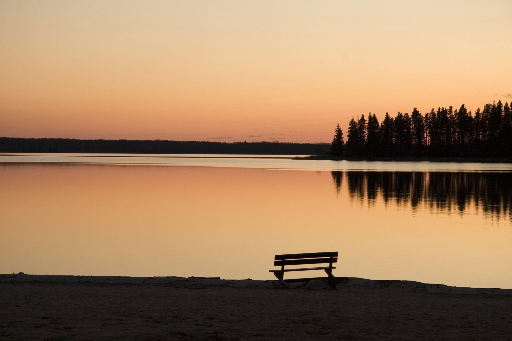 A Bench Silhouetted At Sunset Near The Lake Poster Print By Eryk Jaegermann, 34 X 22 - Large