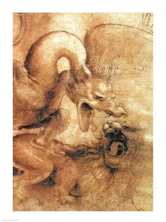 Detail Of The Dragon From The Drawing Fight Between A Dragon & A Lion Poster Print By Leonardo Da Vinci - 18 X 24 In.