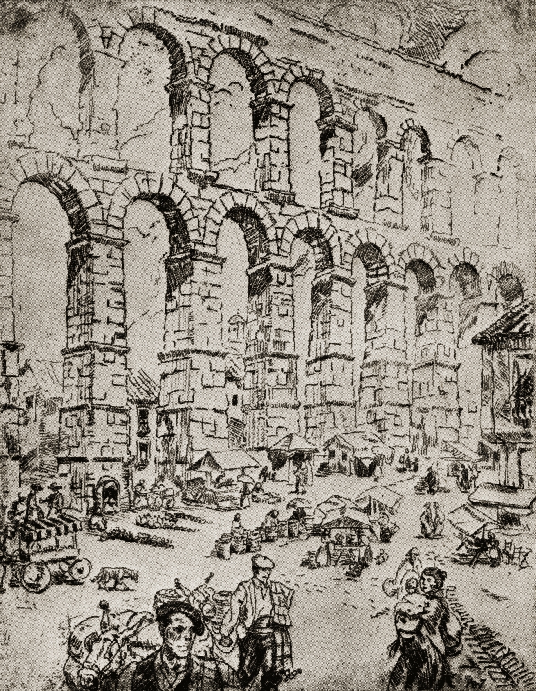 Aqueduct At Segovia. Segovia Spain. Etching By Ada C.williamson From The Book Tawny Spain Published 1927 Poster Print, Large - 26 X 34
