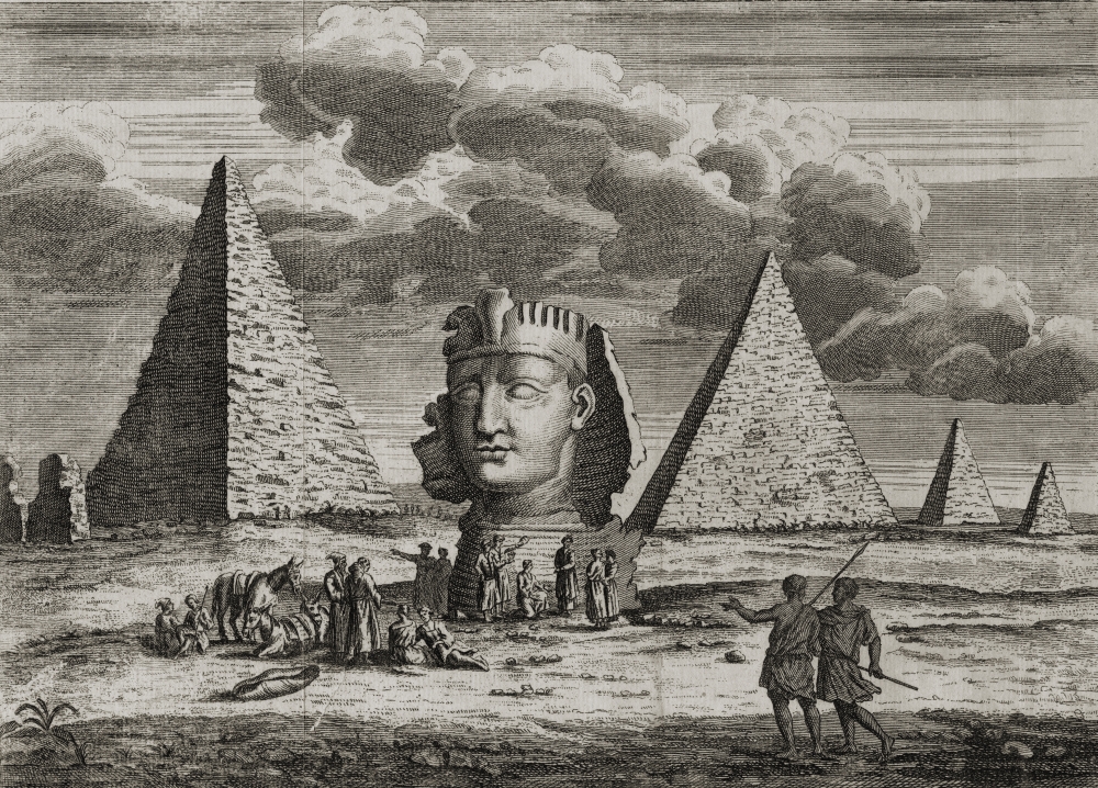 Giza, Egypt. Pyramids & Sphinx As Imagined By 18th Century Artist. From 18th Century Print Engraved By J.clark 1735 Poster Print, 16 X 12