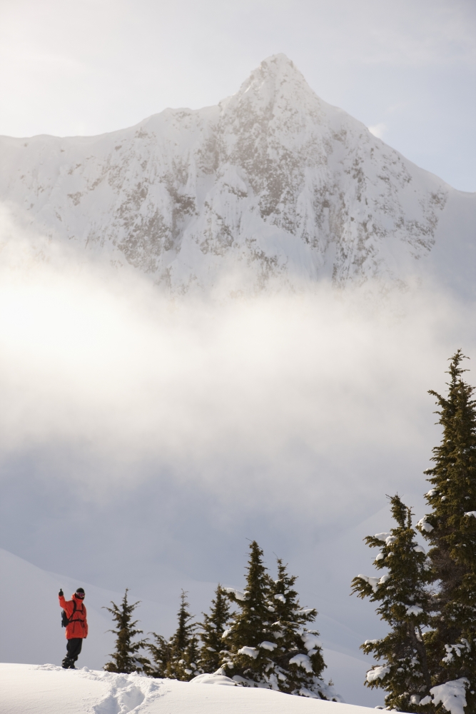 Snowboarder On A Ridge With Scenic Mountains & Fog In The Background Haines Southeast Alaska Poster Print - 24 X 38 In. - Large