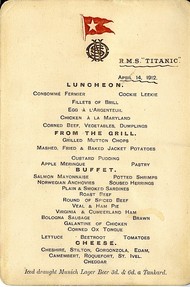 Rms Titanic Menu For 14th April 1912 Poster Print, 24 X 36 - Large