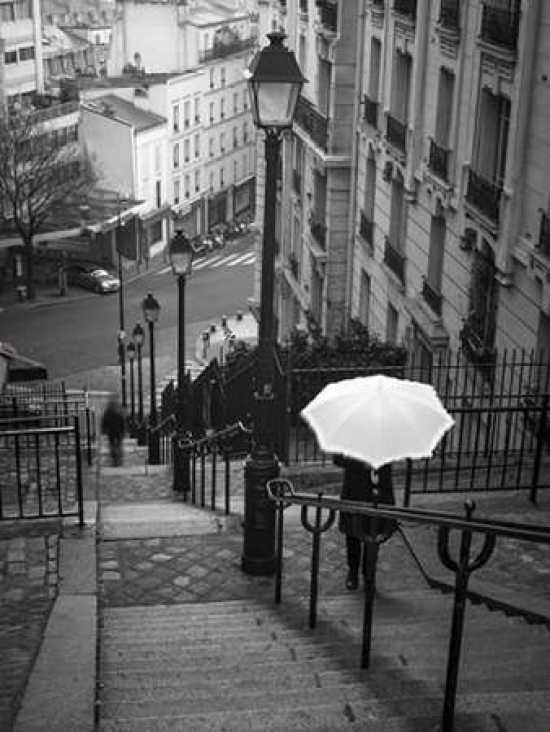 Pdxaf20120315639c01small Woman With White Umbrella Standing On Staircase In Montmartre Paris France Poster Print By Assaf Frank, 9 X 12 - Small
