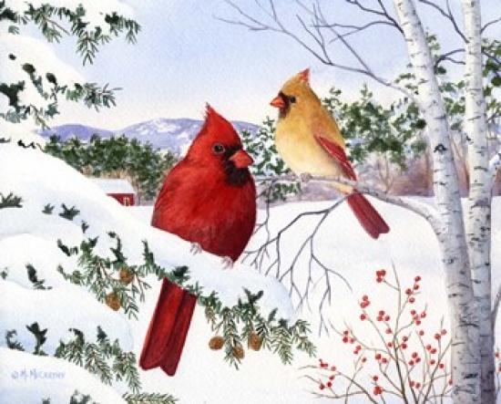 Ppfmm034 Cardinals & Hemlock Tree Poster Print By Maureen Mccarthy, 20 X 16