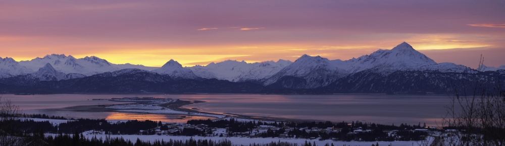 Dpi2095020 Panorama Of Homer & Homer Spit Sunrise With Kenai Mountains Kenai Peninsula Alaska Winter Composite Poster Print, 40 X 11