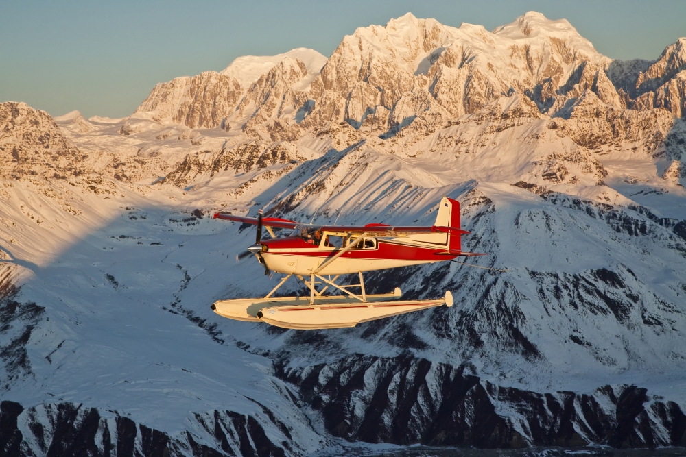 Dpi2102968large View Of A Cessna 185 Floatplane In Alaska Range Over Ruth Glacier At Sunset Southcentral Alaska Poster Print, 34 X 22 - Large