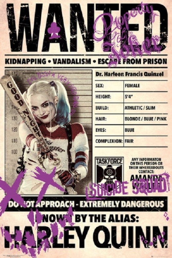 Xpe160528 Harley Quinn - Wanted Poster Print, 24 X 36