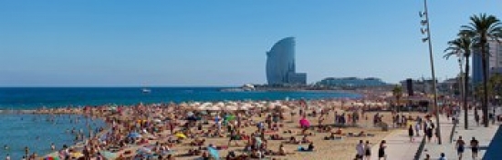 Tourists On The Beach With W Barcelona Hotel In The Background Barceloneta Beach Barcelona Catalonia Spain Poster Print, 36 X 12