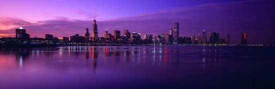 Buildings At The Waterfront Lit Up At Dusk Sears Tower Hancock Building Lake Michigan Chicago Cook County Illinois Usa Poster Print, 18 X 6