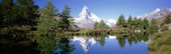 Ppi76667s Reflection Of Trees & Mountain In A Lake Matterhorn Switzerland Poster Print, 18 X 6