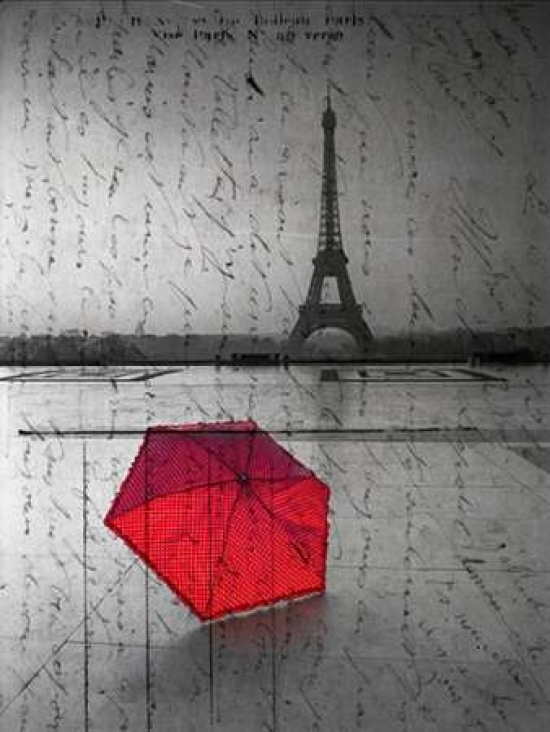 Pdxaf20120314239plarge Red Umbrella In Front Of The Eiffel Tower With Handwritting Overlay Poster Print By Assaf Frank, 18 X 24 - Large