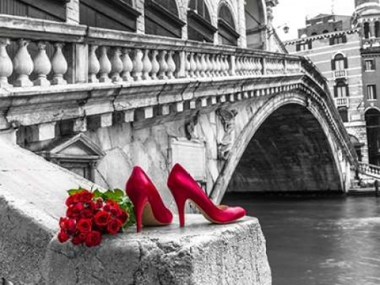 Bunch Of Red Roses & Red High Heel Shoes Rialto Bridge Venice Italy Poster Print By Assaf Frank, 18 X 24 - Large