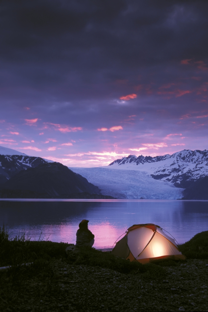 Dpi2104531 Kayaker Tent Camping At Dusk Pederson Glacier Kenai Fjords Np Kp Ak Poster Print, 11 X 17