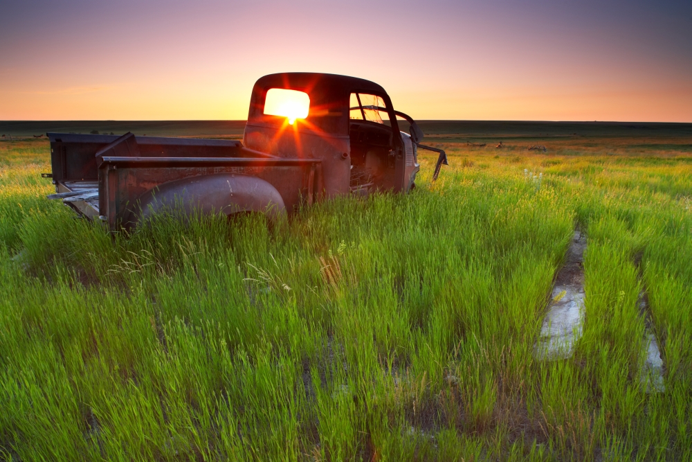 Dpi2036118large Old Abandoned Pick-up Truck Sitting In A Field At Sunset Southwestern Saskatchewan Poster Print, 34 X 22 - Large