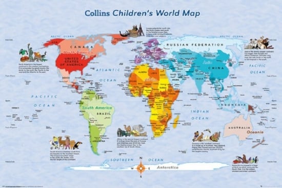 Xpe160302 World Map Childrens Map Poster Print, 24 X 36