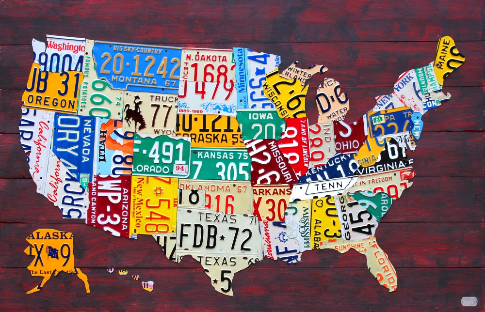 Pdtdt022 License Plate Map Of The United States Poster Print By , 36 X 24