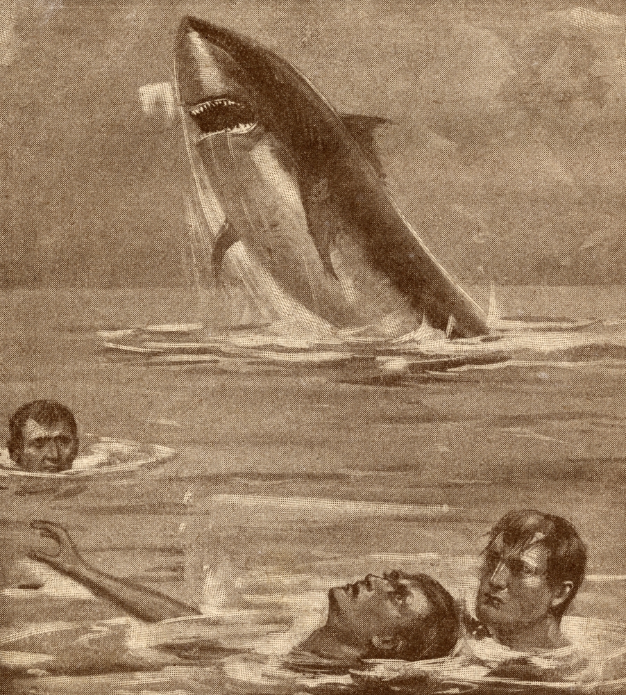 19th Century Illustration Of Man Rescuing Swimmer With Shark In Background Poster Print, 26 X 30 - Large