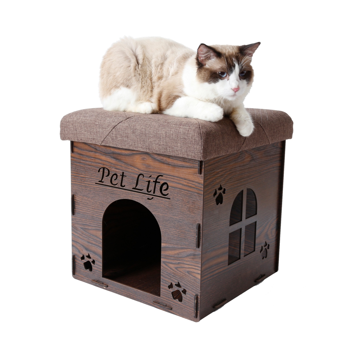 Foldaway Collapsible Designer Cat House Furniture Bench, Dark Wood - One Size