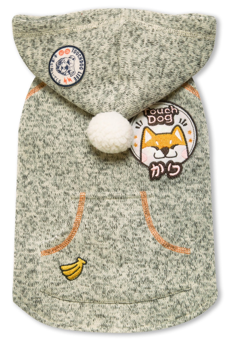 Hippie Designer Sleeveless Pompom Dog Hooded Sweater, Olive Green - Small