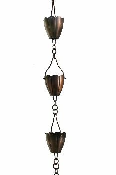 R260h Antique Copper Flower Cup Rain Chain - Half Length