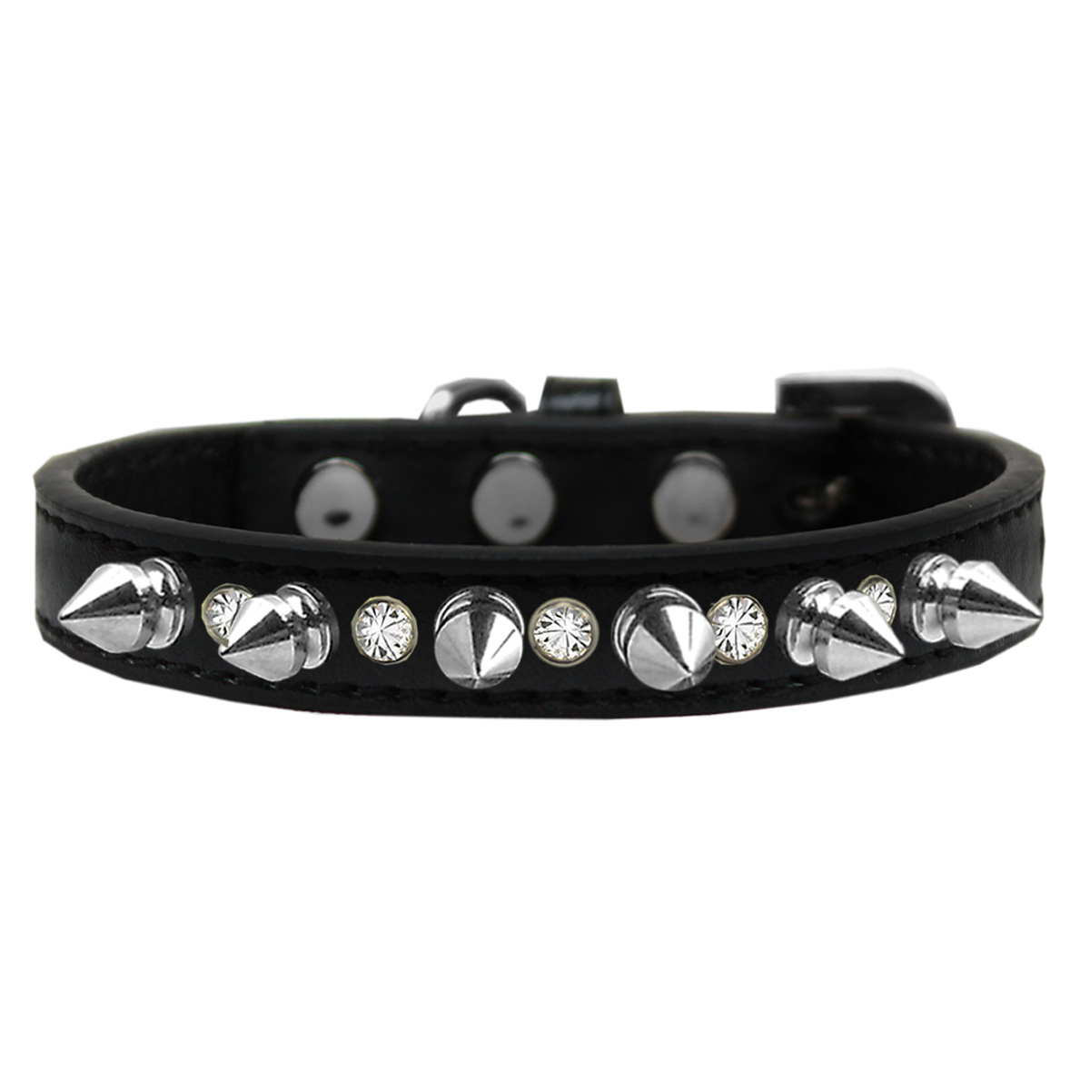 Crystals & Silver Spikes Dog Collar, Black - Size 16