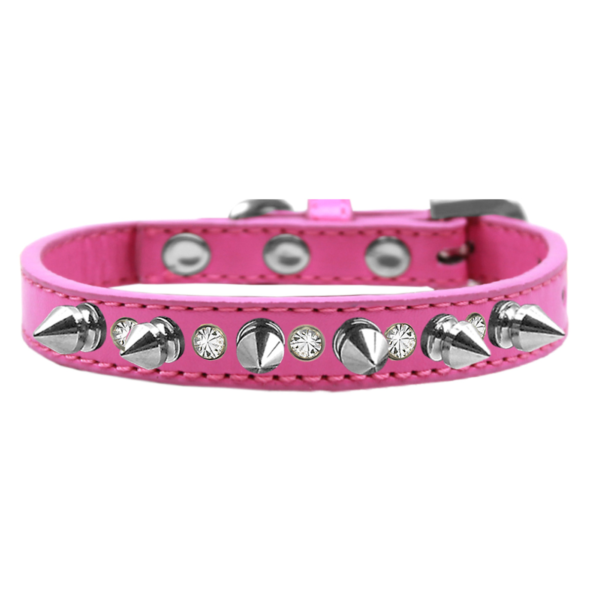 Crystals & Silver Spikes Dog Collar, Bright Pink - Size 10