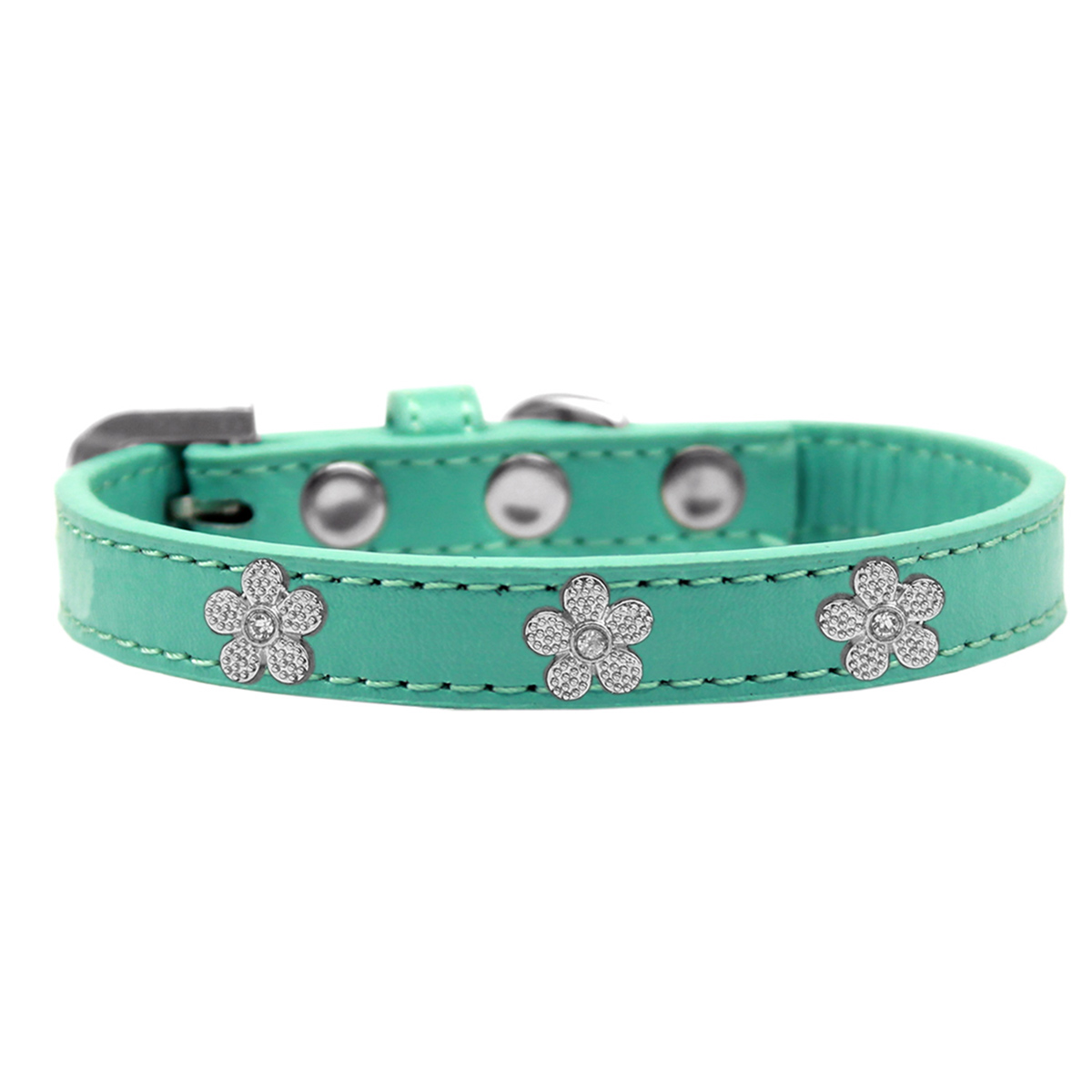 Silver Flower Widget Dog Collar, Aqua - Size 16