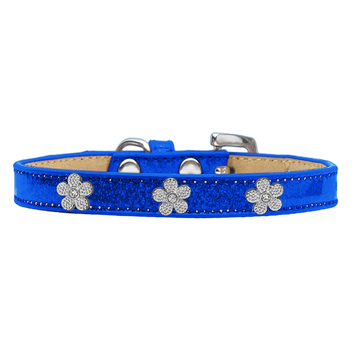 Silver Flower Widget Dog Collar, Blue Ice Cream - Size 16