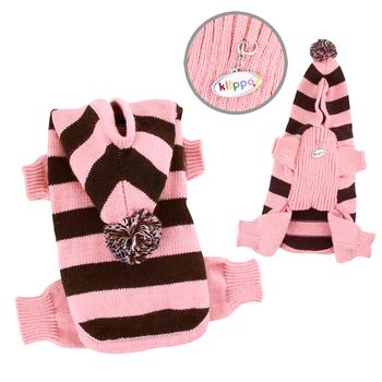 Ksw105-xs Stripy Dog Bodysuit With Long Hoodie, Pink - Extra Small